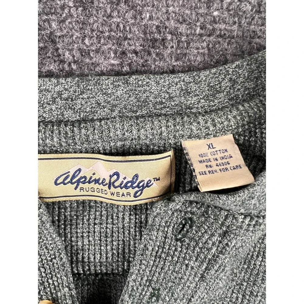 Vintage Alpine Ridge Rugged Wear Thermal Henley Shirt Green Marl Waffle Knit USA